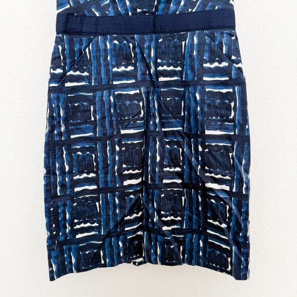Milly of New York Sleeveless Round Neck Zip Back Indigo Print Sheath Dress Sz 0 - Picture 3 of 7
